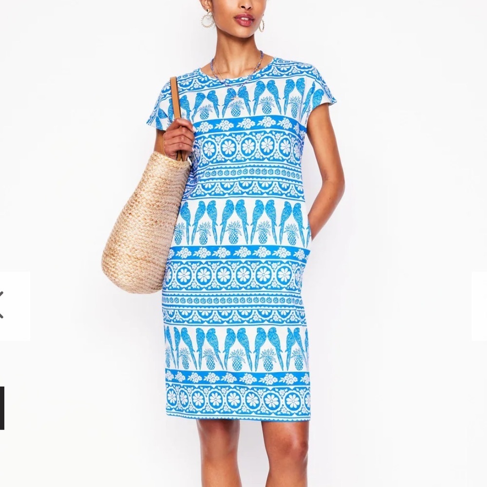 Boden Leah Jersey Cotton T-shirt Dress cerulean blue ornate tropic NWT SZ 8P